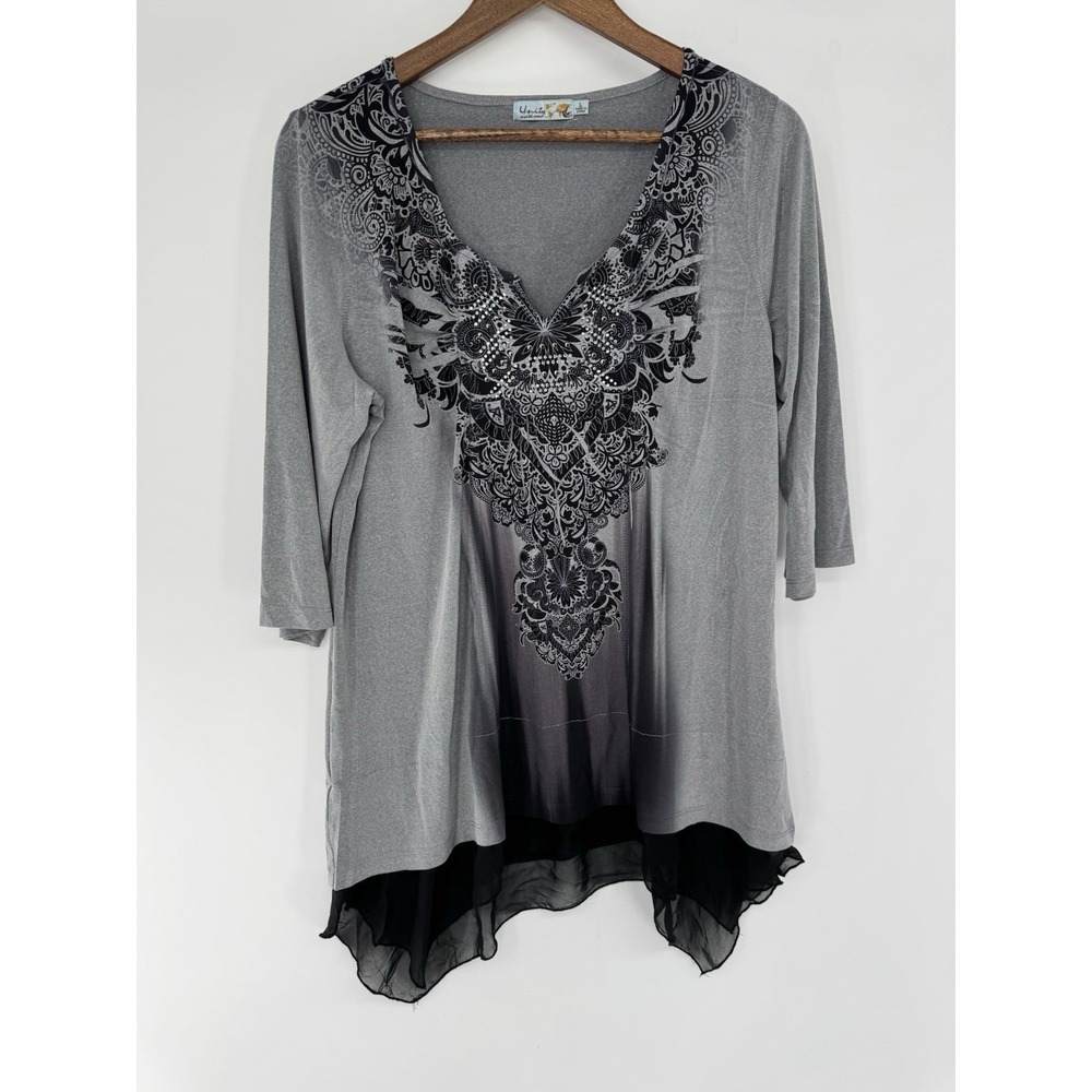 Unity Gray Black Chiffon Hem Damask Print Blouse L Ombre Whimsigoth Fairy grunge